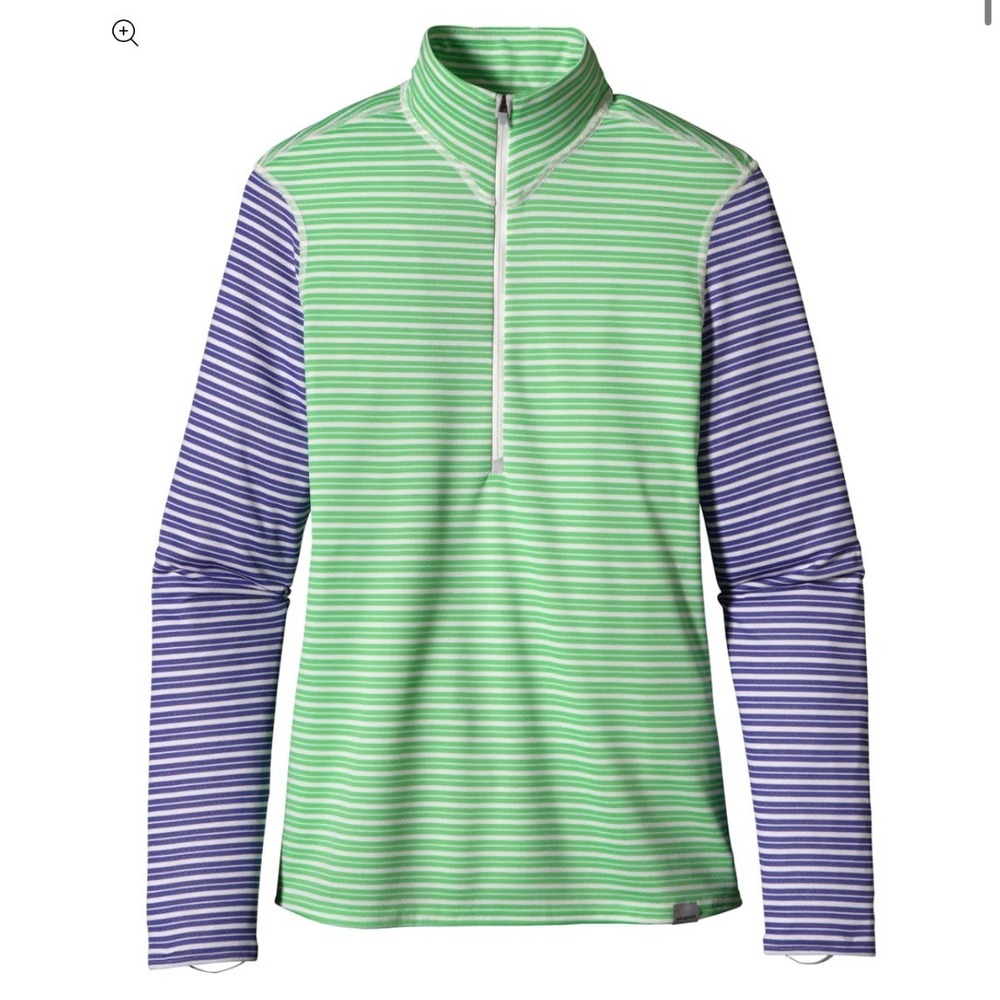 Patagonia Womens Capilene 3 Midweight Zip-Neck Striped Green Blue Top  M